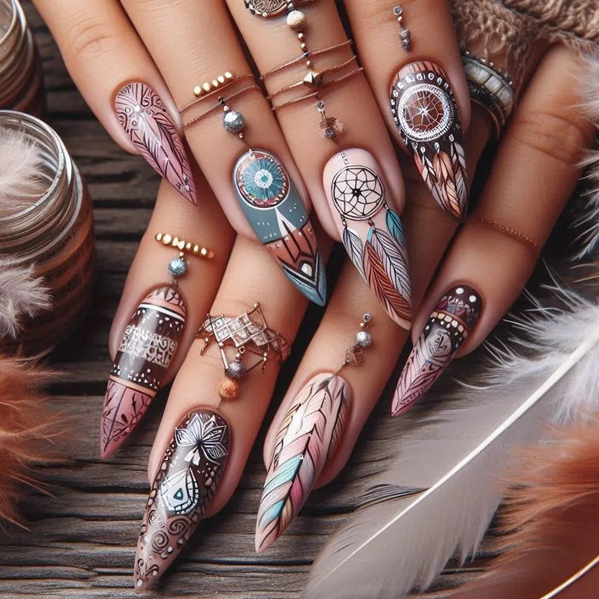 24pcs/set Medium long fake nails for women Spring summer flowers butterfly bee design faux ongles tips