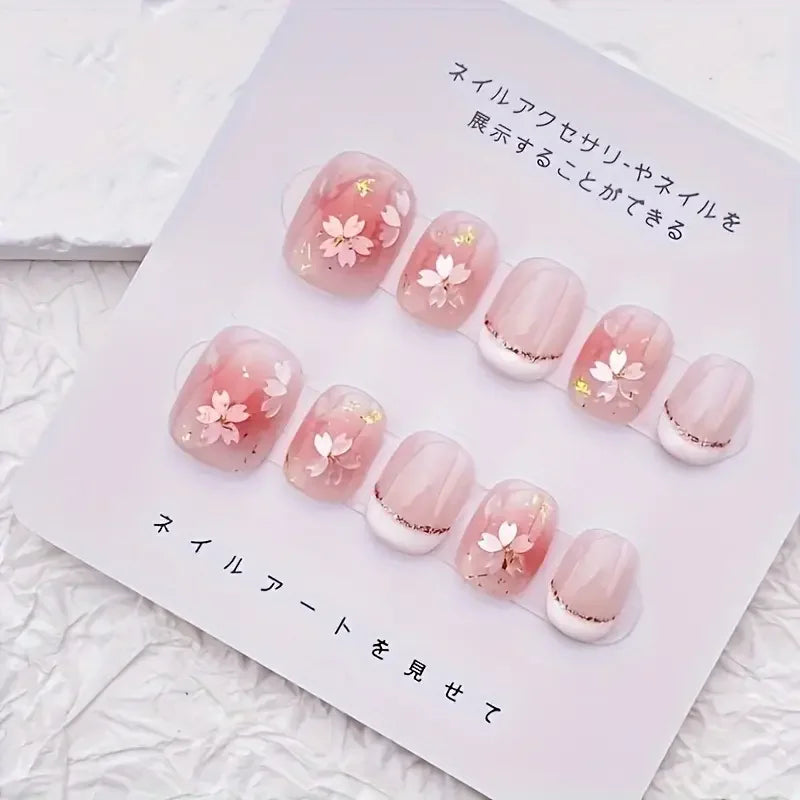 10Pcs Handmade Nails Gentle Pink with Cherry Blossom&Glitter Accents French Tip False Nail