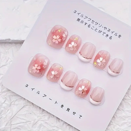10Pcs Handmade Nails Gentle Pink with Cherry Blossom&Glitter Accents French Tip False Nail