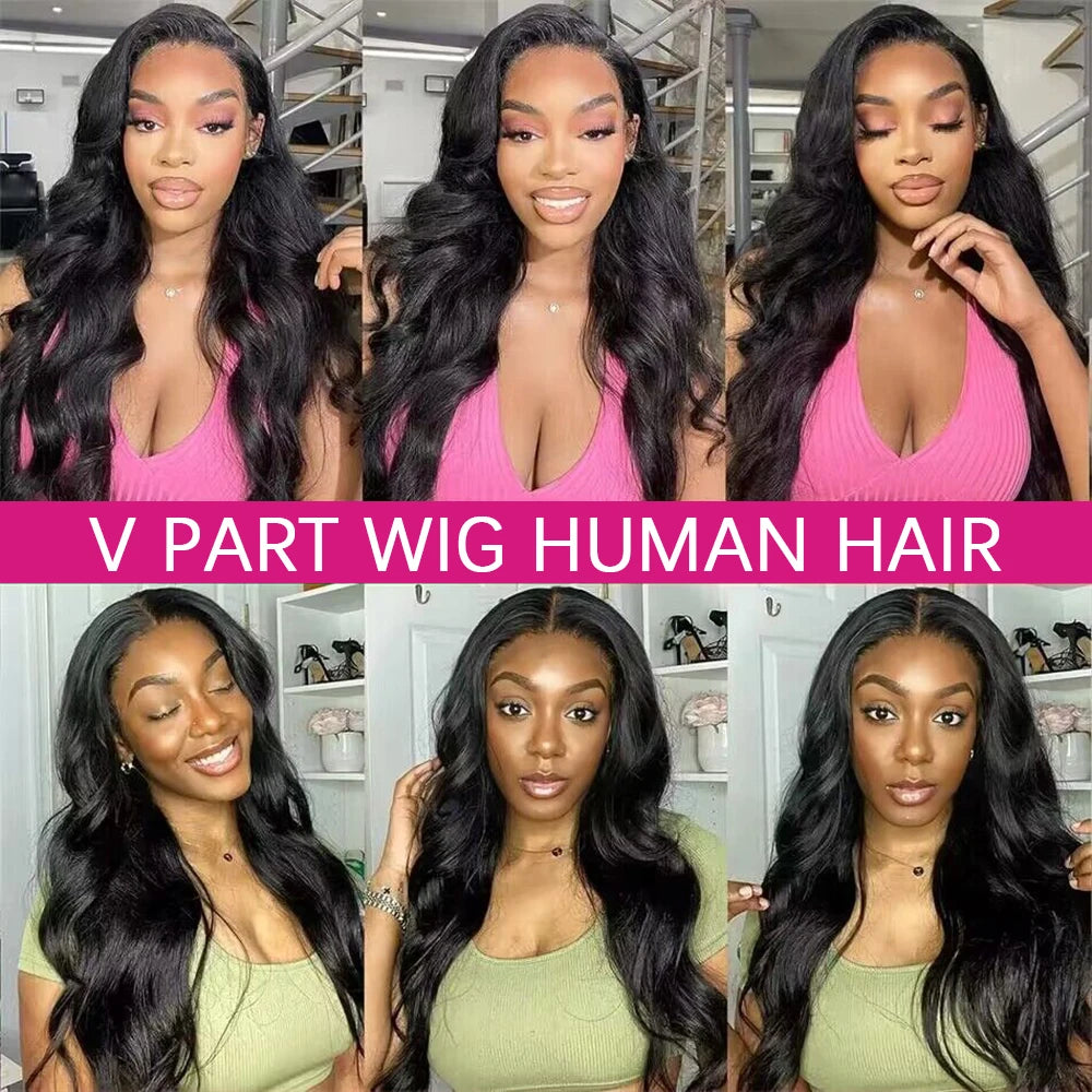32 Inch Body Wave V Part Wig For Women Brazilian Hair Natural Color Human Hair Wigs 200 Density Machine Made V Shape Wigs