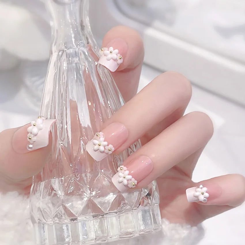 24Pcs Short Almond Press-On Nails Pink Floral French Tip Glossy&Elegant Full Cover Fake Nails