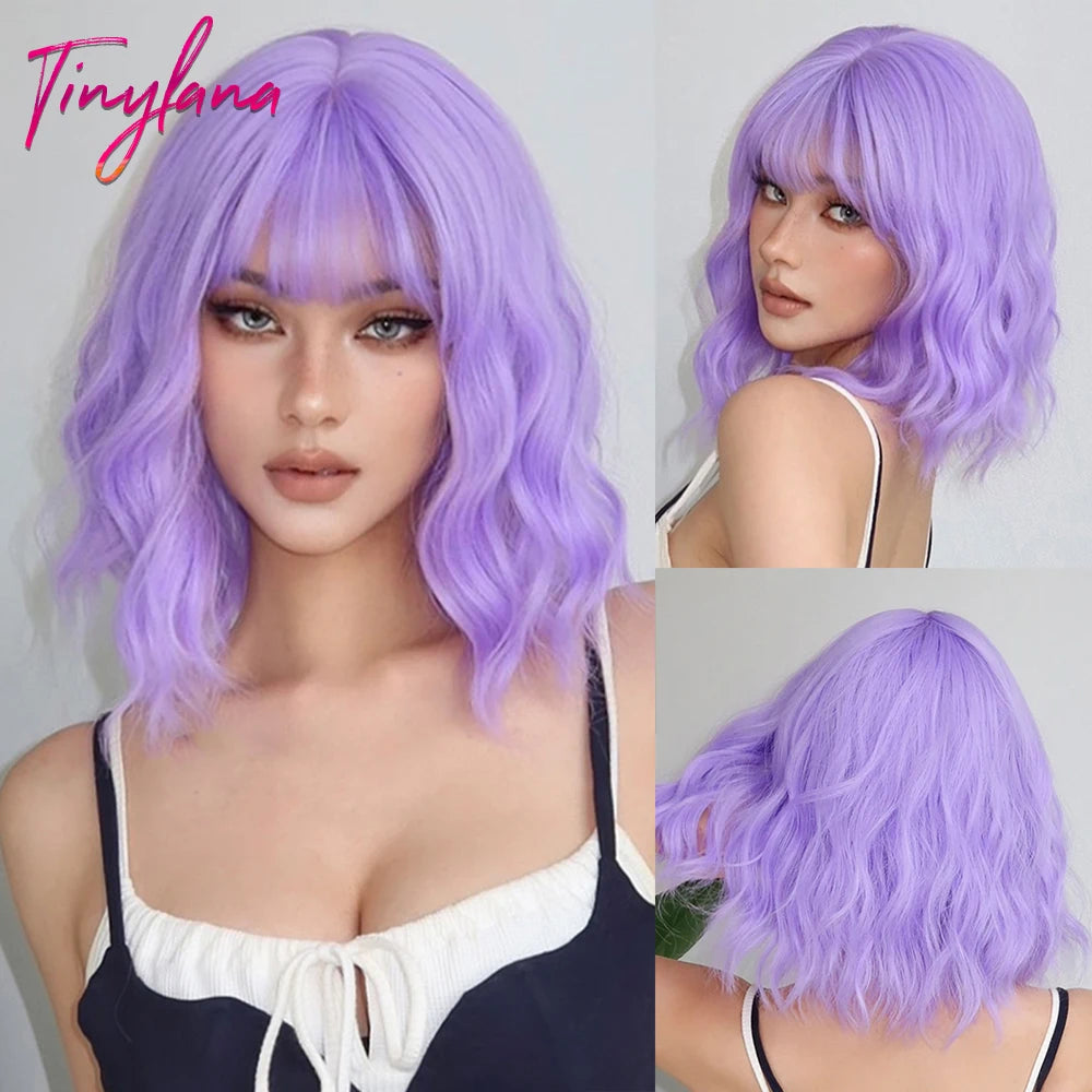 Curly Pink Purple Mixed Blue Wavy Synthetic Wigs with Bangs Short Bob Colorful Cosplay Wig