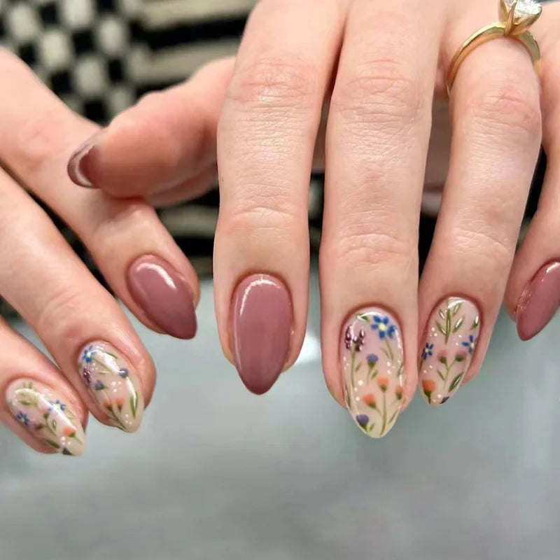 24Pcs Short Almond Press-On Nails Pink Floral French Tip Glossy&Elegant Full Cover Fake Nails