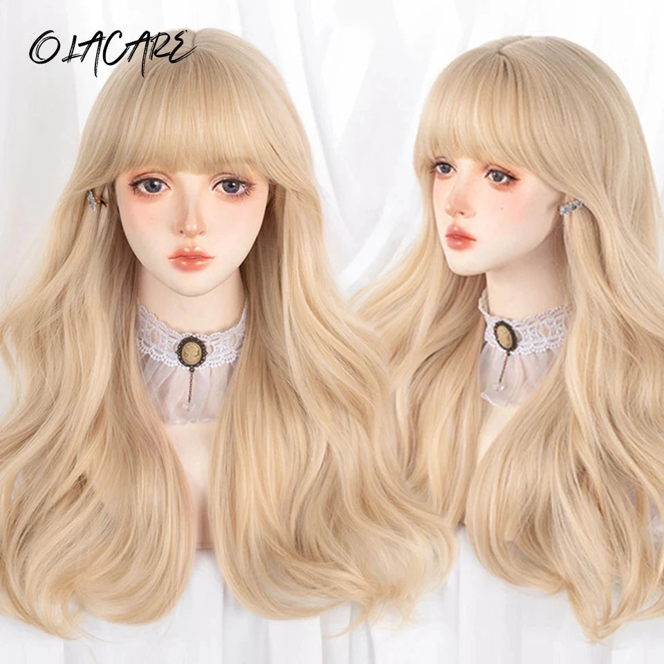 Long Curly Wave Wig with Bangs Blonde Biue Colorful Cosplay Wig for Women