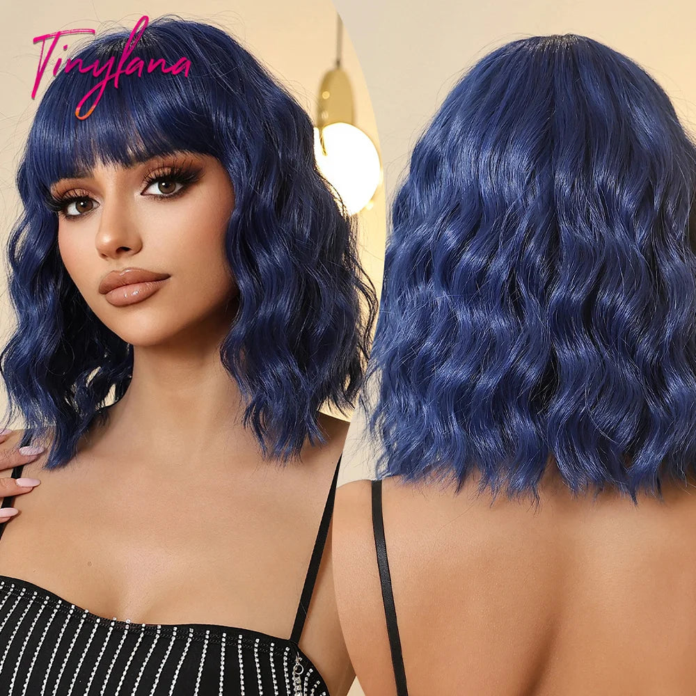 Curly Pink Purple Mixed Blue Wavy Synthetic Wigs with Bangs Short Bob Colorful Cosplay Wig