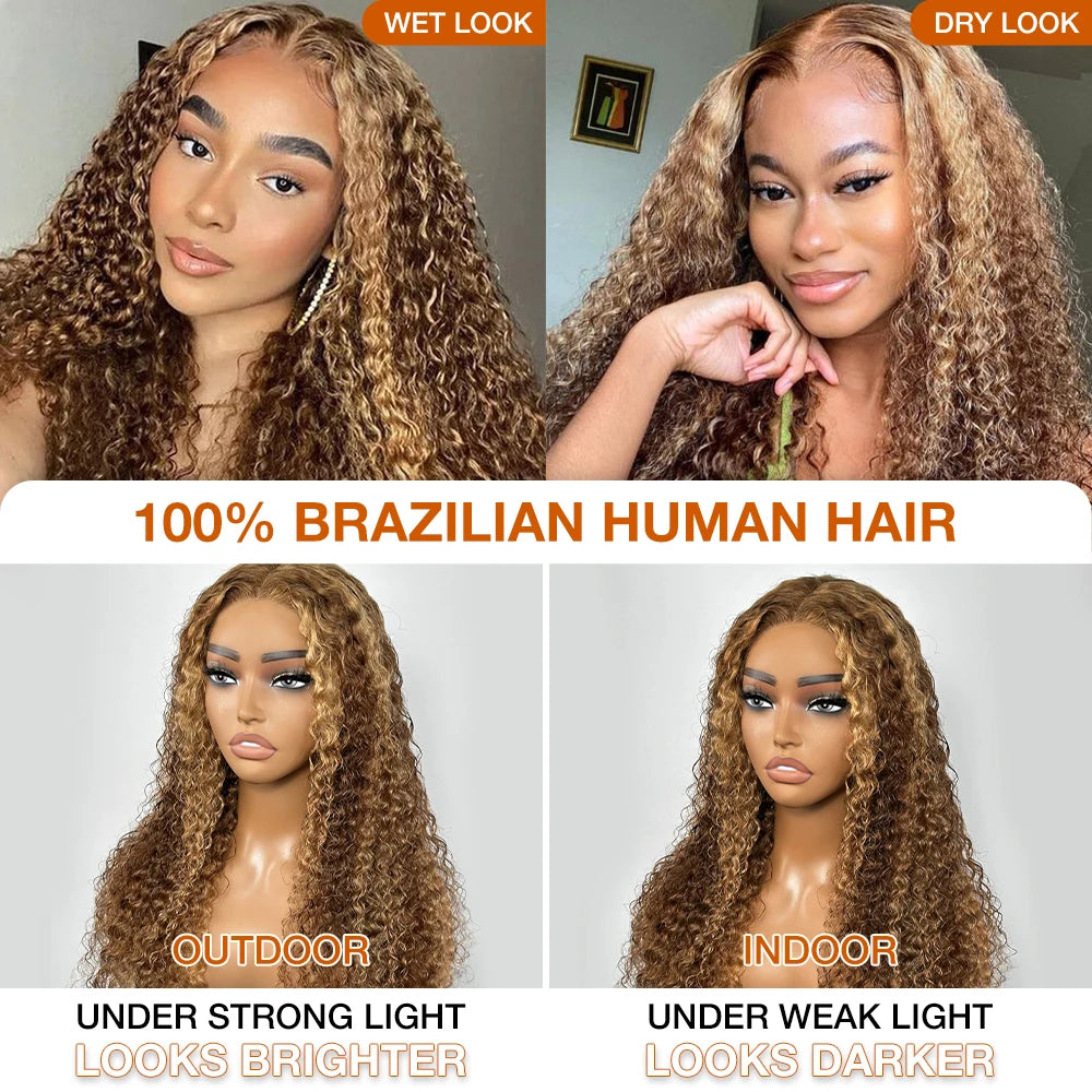 30 Inch Wear and Go Deep Wave Honey Blonde Glueless Wigs 100% Human Hair Highlight Curly Wigs for Women Ombre HD Lace Front Wig