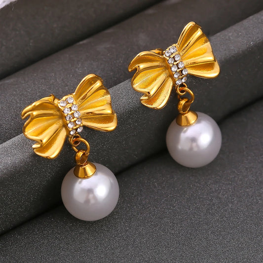 Cute Earrings For Women Bow Pearl Rhinestones Luxury Stainless Steel Vintage