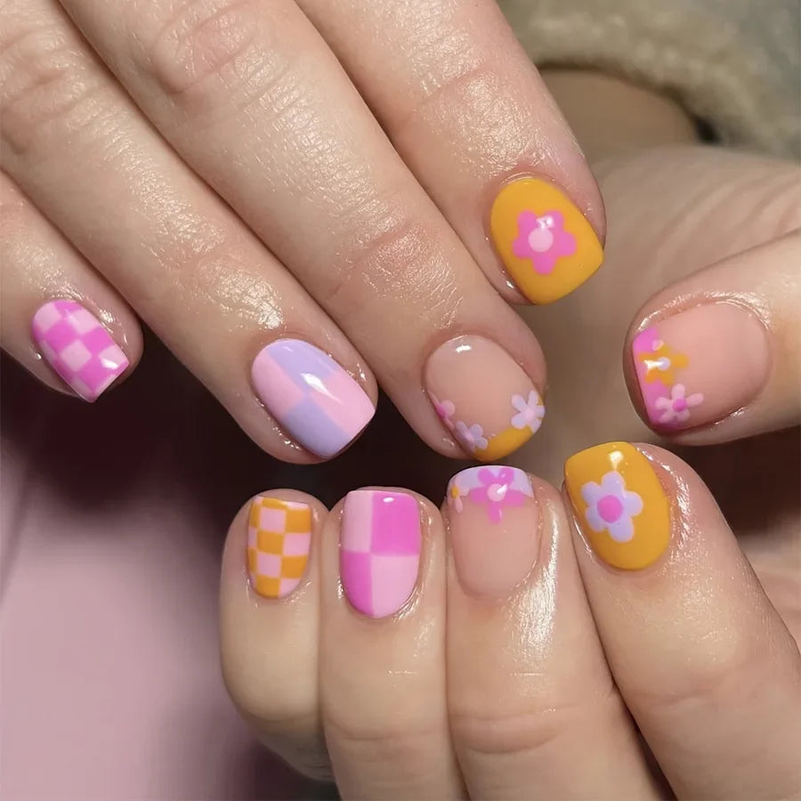 24Pcs Short Almond Press-On Nails Pink Floral French Tip Glossy&Elegant Full Cover Fake Nails