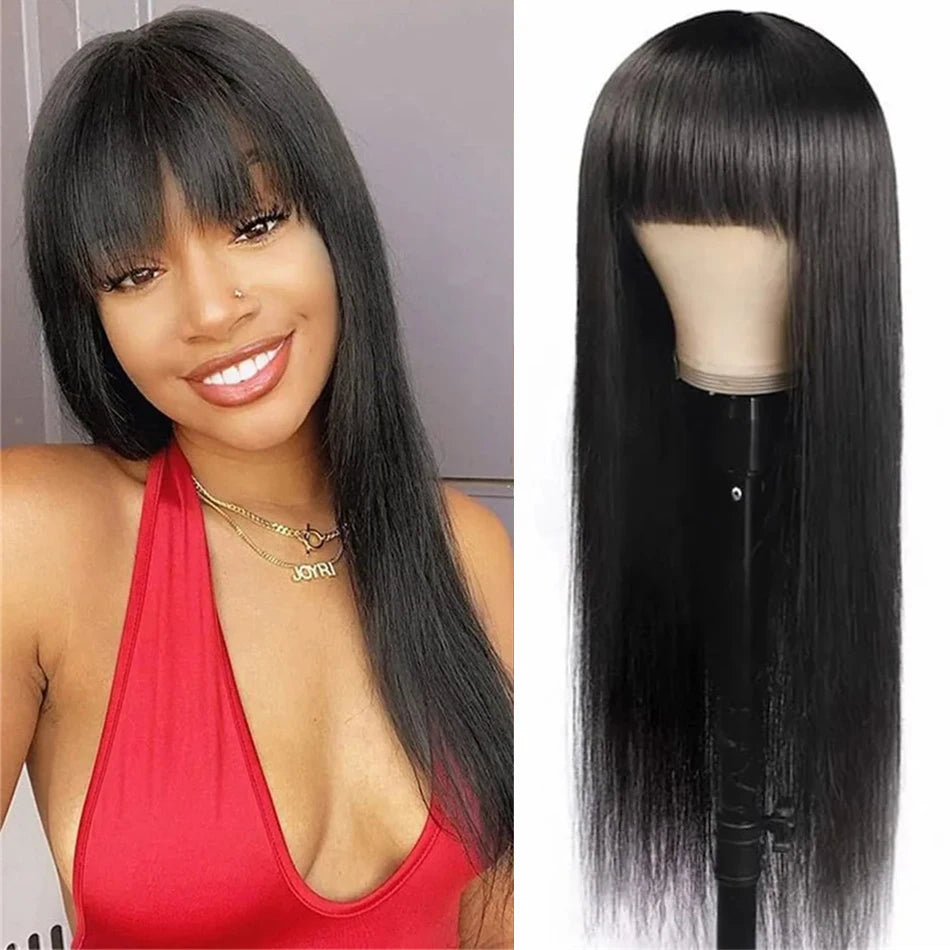 Silky Wig Human Hair Full Machine Made Straight 100% Human Hair Wigs With bangs