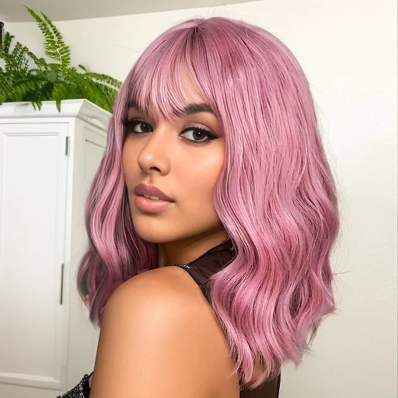 Fashion wig Women's mid-length curly hair air bangs Burgundy shoulder length corn perm synthetic fiber wig set