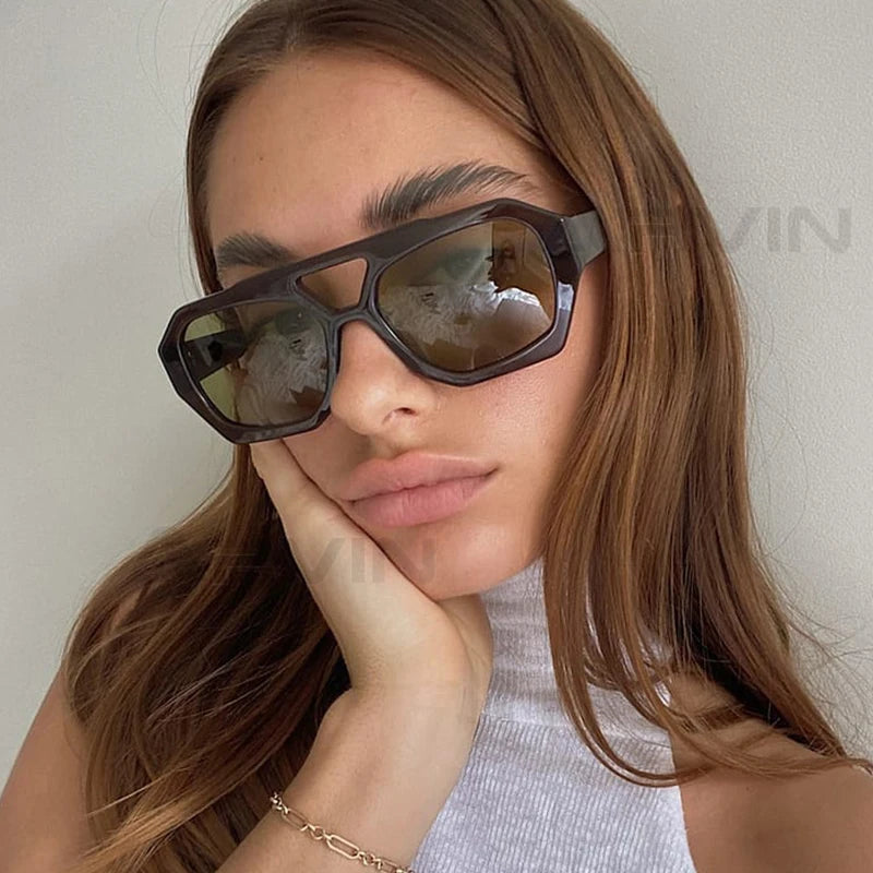 Vintage Square Sunglasses for Women Men Thick Frame Double Bridges Eyewear Female