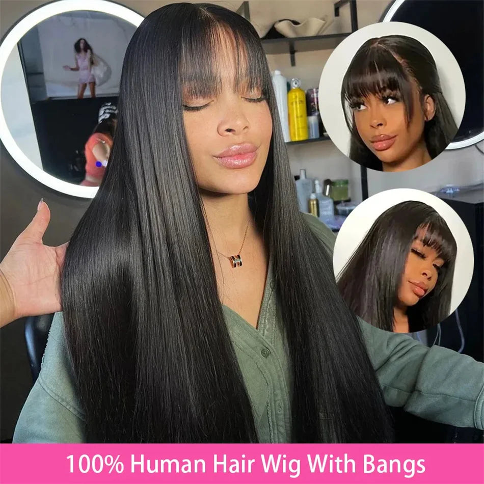 Silky Wig Human Hair Full Machine Made Straight 100% Human Hair Wigs With bangs