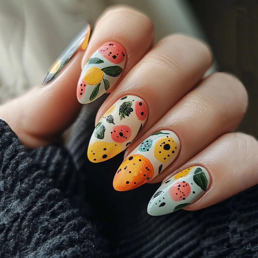 24pcs/set Medium long fake nails for women Spring summer flowers butterfly bee design faux ongles tips