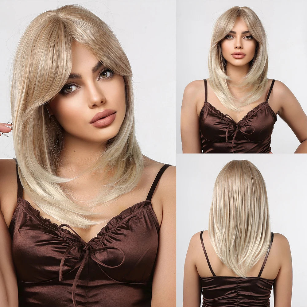 ALAN EATON Long Blonde Wigs for Women Synthetic Hair Wig with Fringe Ombre Color with Dark Roots Layered Wigs Heat Resistant