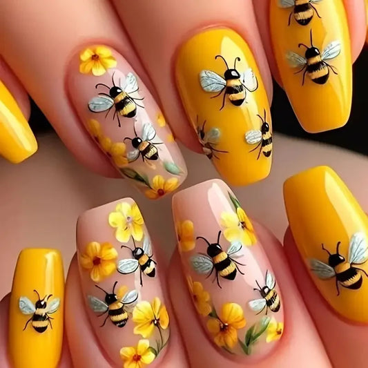 24pcs/set Medium long fake nails for women Spring summer flowers butterfly bee design faux ongles tips