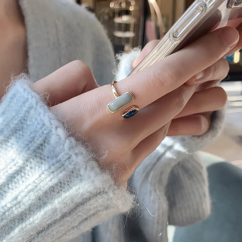 New Adjustable Colorful Drip Glaze Ring Women Fashion Retro Geometric Gold Colour Metal Rings