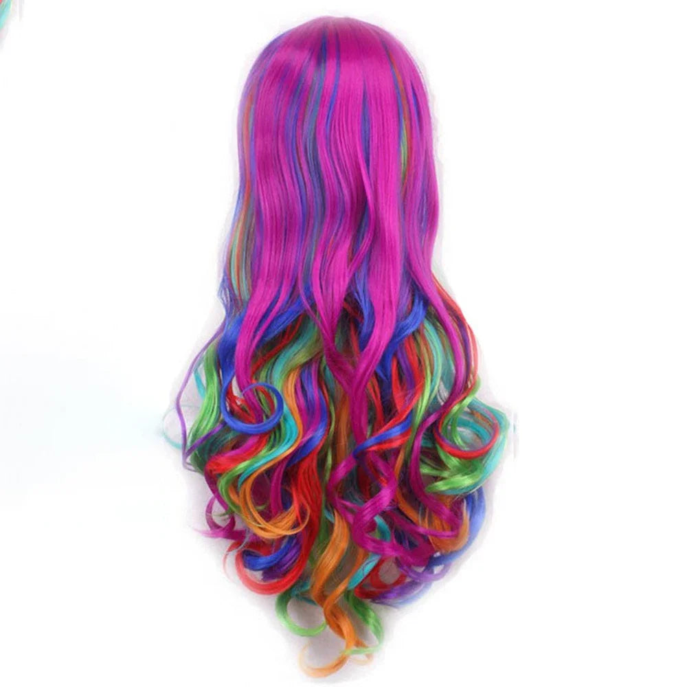 Synthetic Long Curly Ombre Rainbow Color Cosplay Wig with Bangs Purple Green Blue Lolita Wigs
