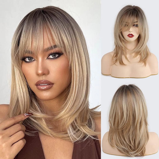 Ombre Color Blonde Wig with Bangs Long Straight  Wigs for Women Synthetic Wig Dark Roots