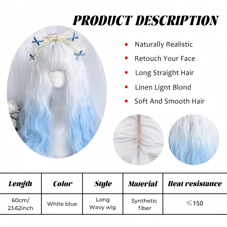 Long Curly Wave Wig with Bangs Blonde Biue Colorful Cosplay Wig for Women