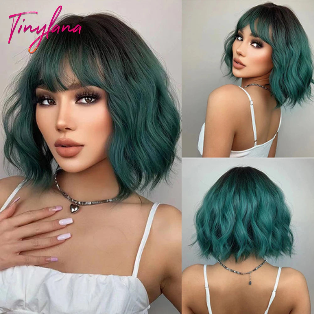 Curly Pink Purple Mixed Blue Wavy Synthetic Wigs with Bangs Short Bob Colorful Cosplay Wig