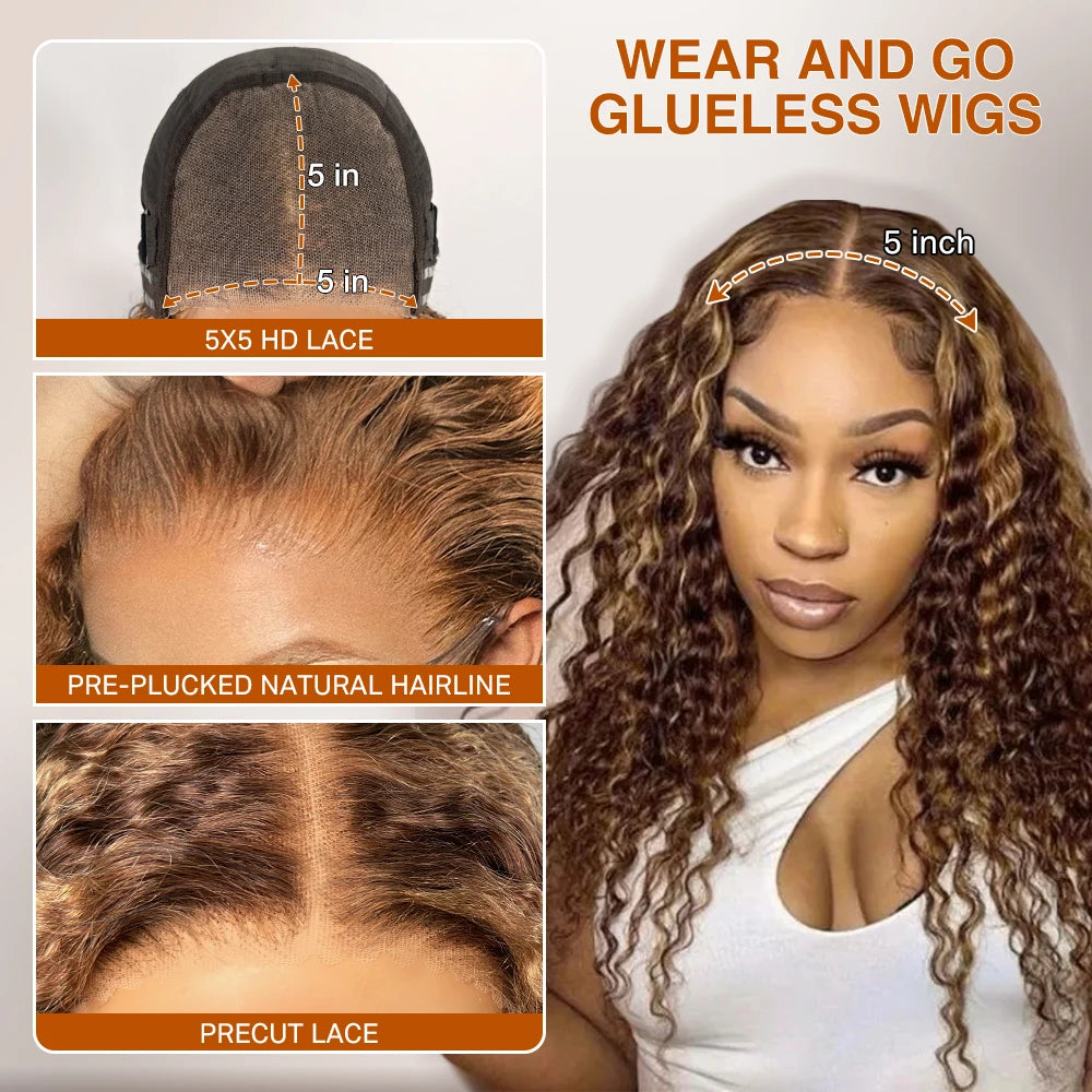 30 Inch Wear and Go Deep Wave Honey Blonde Glueless Wigs 100% Human Hair Highlight Curly Wigs for Women Ombre HD Lace Front Wig