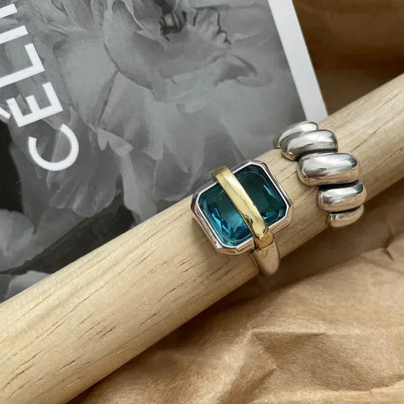 Vintage Blue Zircons Engagement Rings for Women Large Square Adjustable Rings Couples