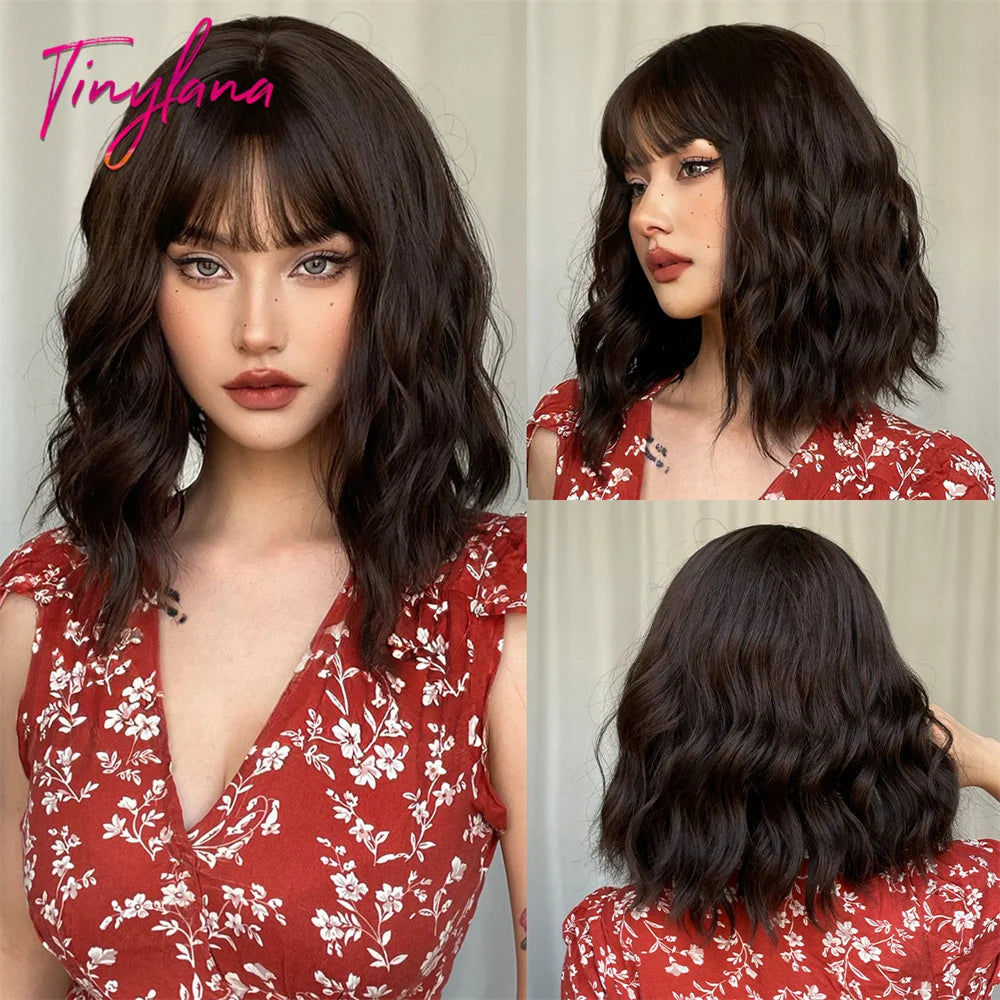 Curly Pink Purple Mixed Blue Wavy Synthetic Wigs with Bangs Short Bob Colorful Cosplay Wig