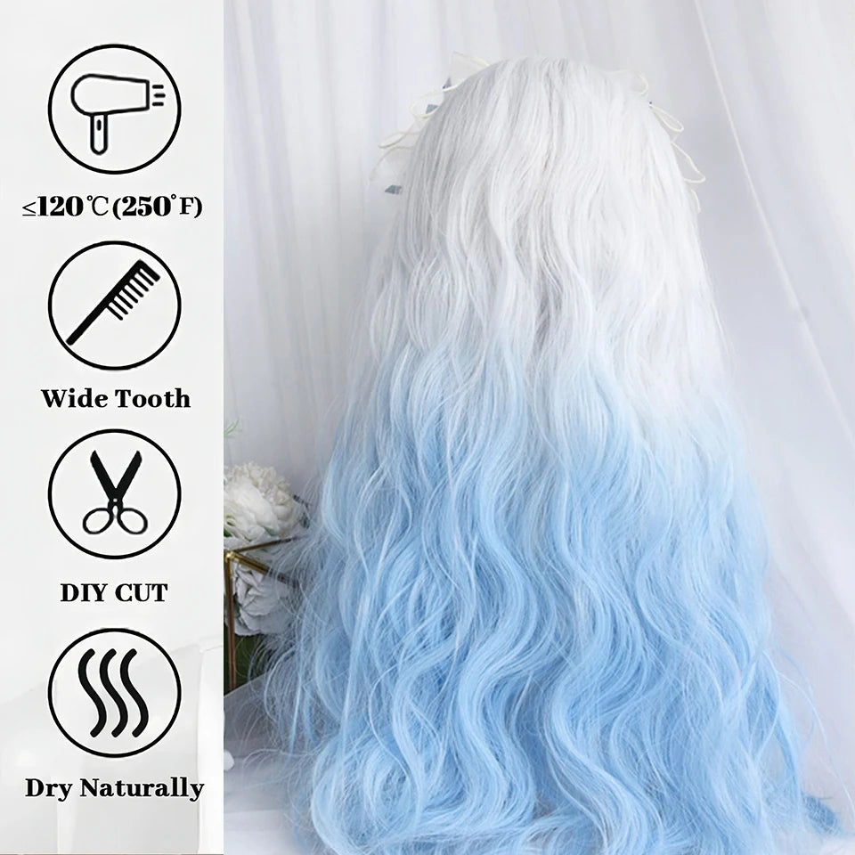 Long Curly Wave Wig with Bangs Blonde Biue Colorful Cosplay Wig for Women