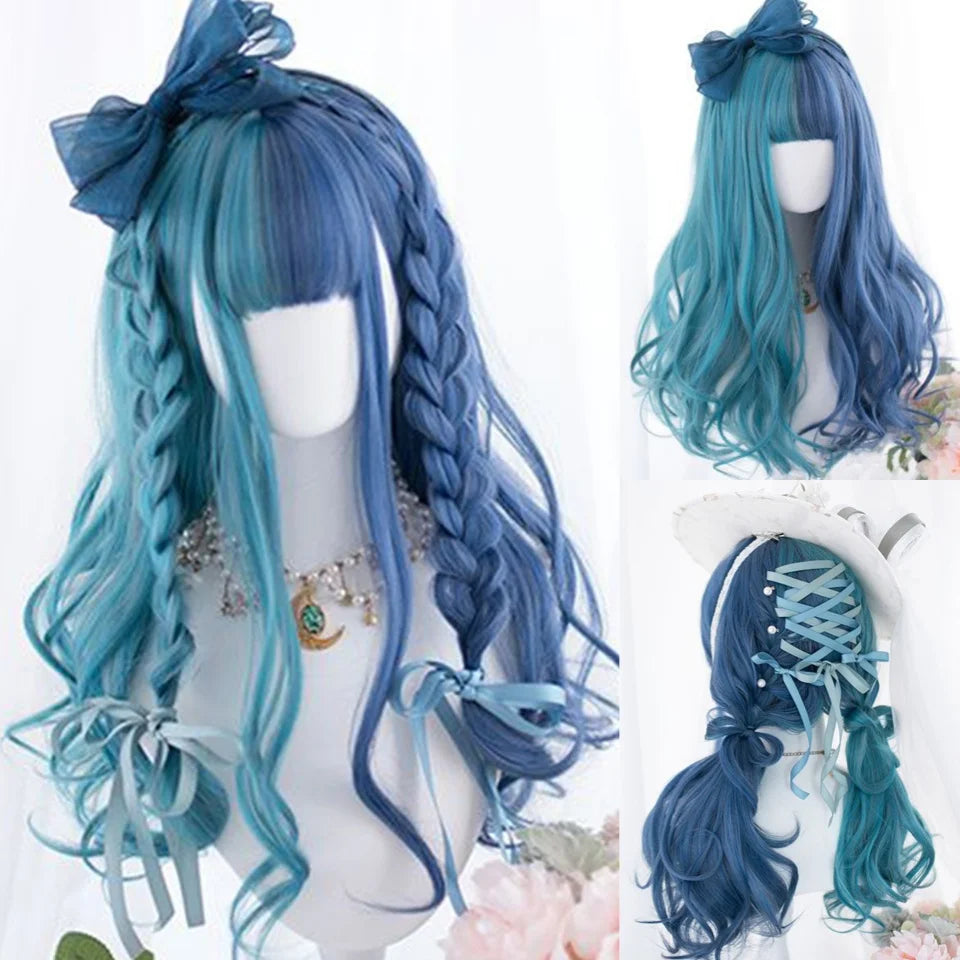 Long Curly Wave Wig with Bangs Blonde Biue Colorful Cosplay Wig for Women