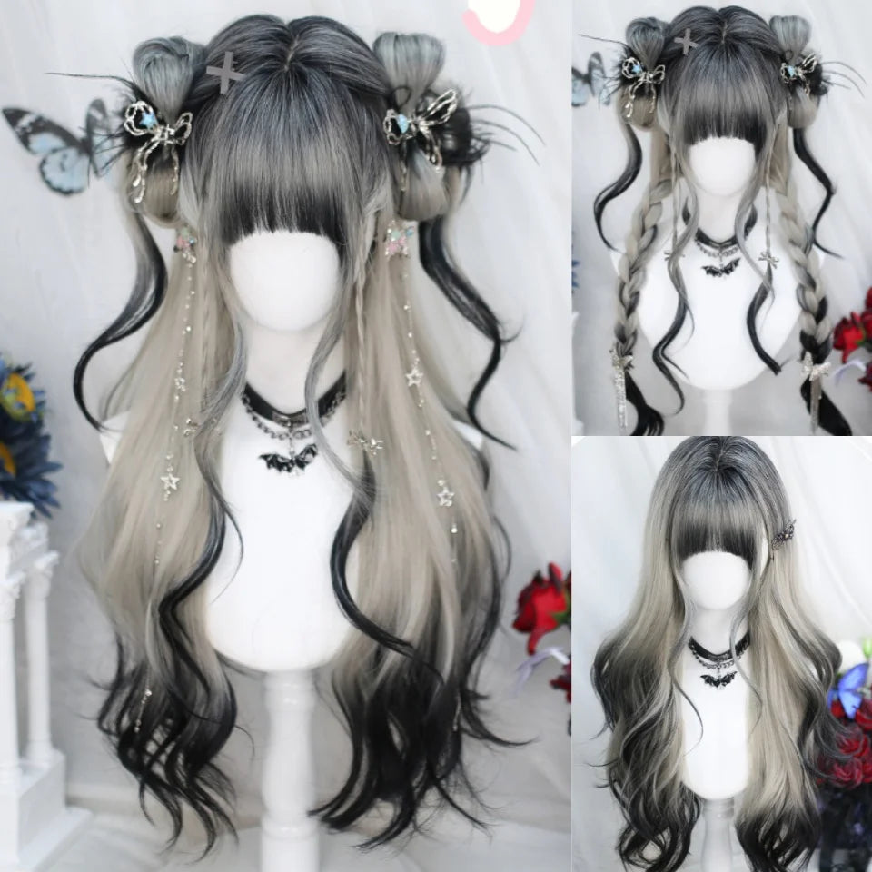 Long Curly Wave Wig with Bangs Blonde Biue Colorful Cosplay Wig for Women