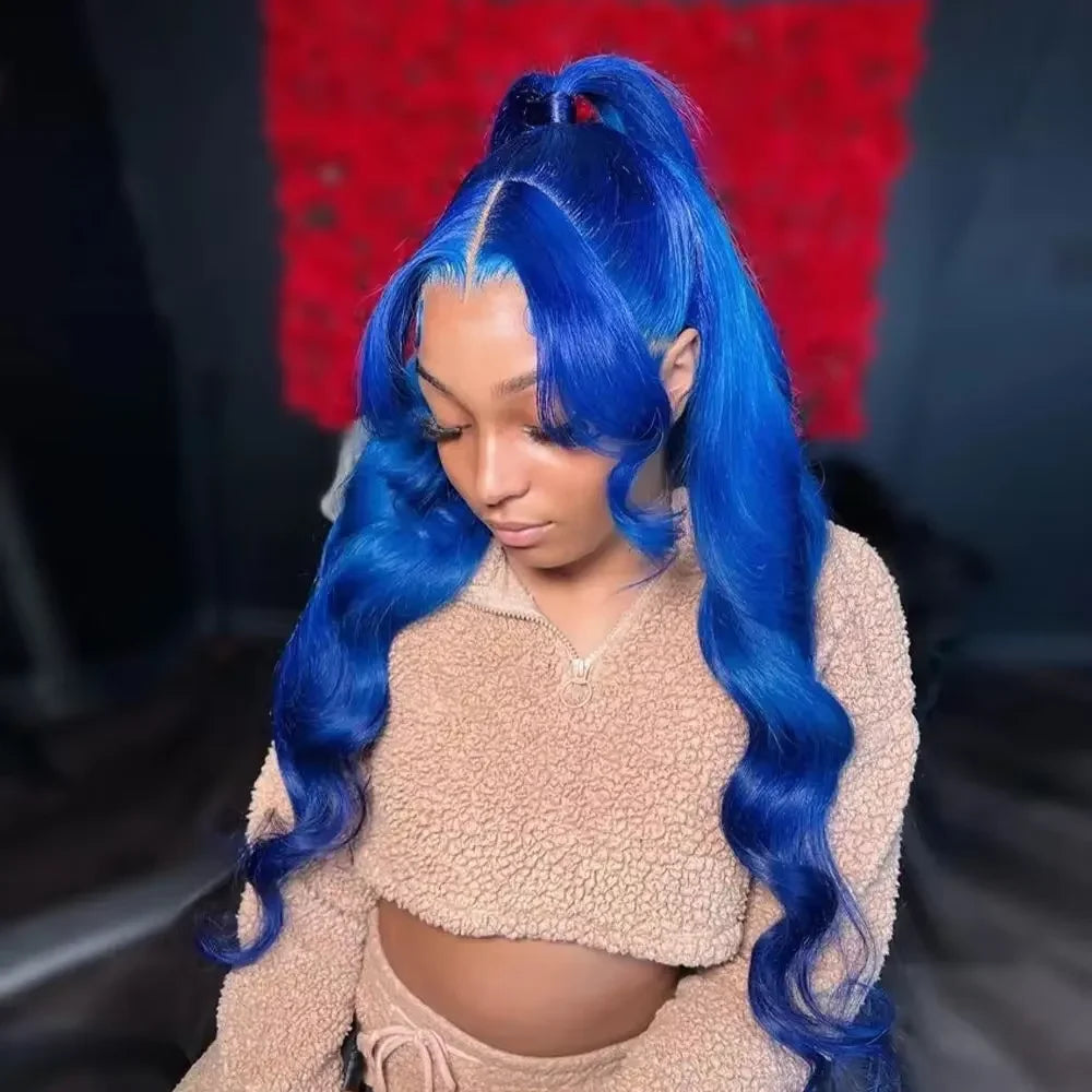 Body Wave Dark Blue Wig 13x6 HD Lace Frontal Wig Human Hair Transparent 13x4 Lace Front Wigs For Women Sky Navy Blue 30 34 inch