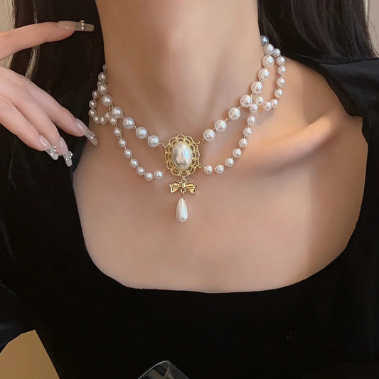New Baroque Pearl Choker Necklace For Women Luxury Wedding Party Triple-layer Beaded Necklace