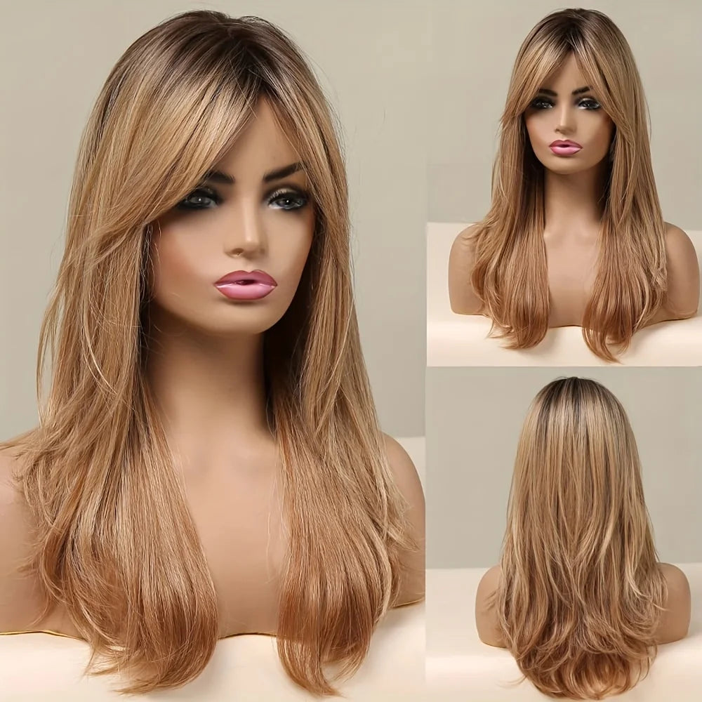 Ombre Color Blonde Wig with Bangs Long Straight  Wigs for Women Synthetic Wig Dark Roots