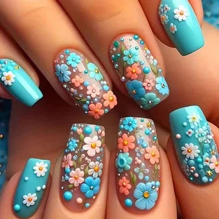 24pcs/set Medium long fake nails for women Spring summer flowers butterfly bee design faux ongles tips