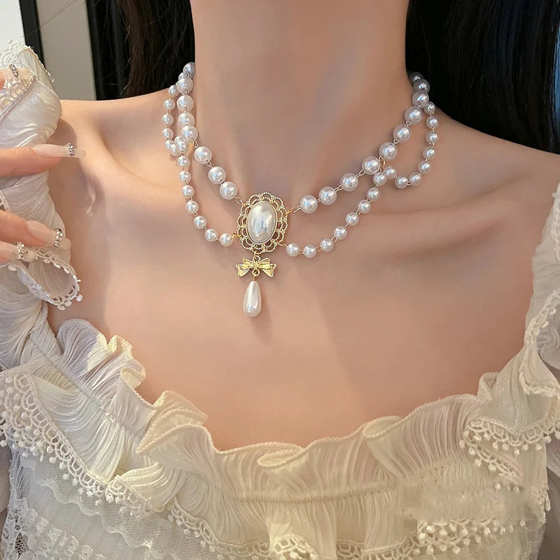New Baroque Pearl Choker Necklace For Women Luxury Wedding Party Triple-layer Beaded Necklace