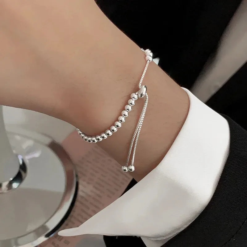 100% Solid 925 Sterling Silver Metal Bracelets for Women Men Beads Adjustable