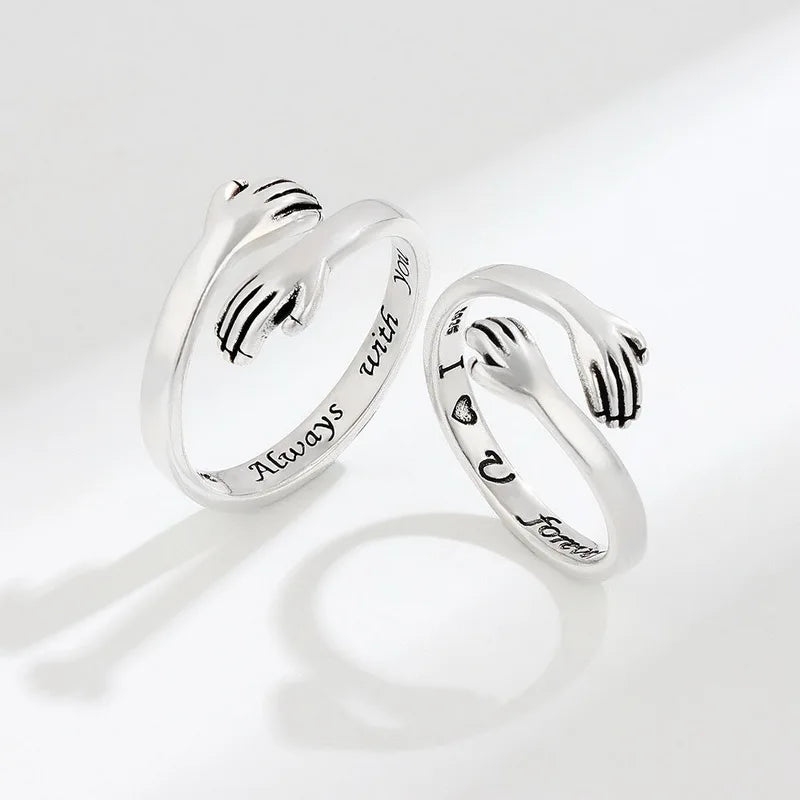 Romantic Love Hand Hug Rings For Women Silver Plated I love U Forever Opening Finger Ring