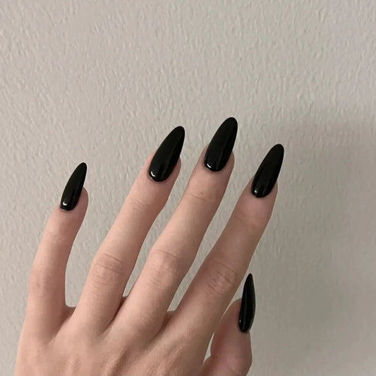 24pcs Glossy Black False Nails Nude Color Short Almond European Wearable nails