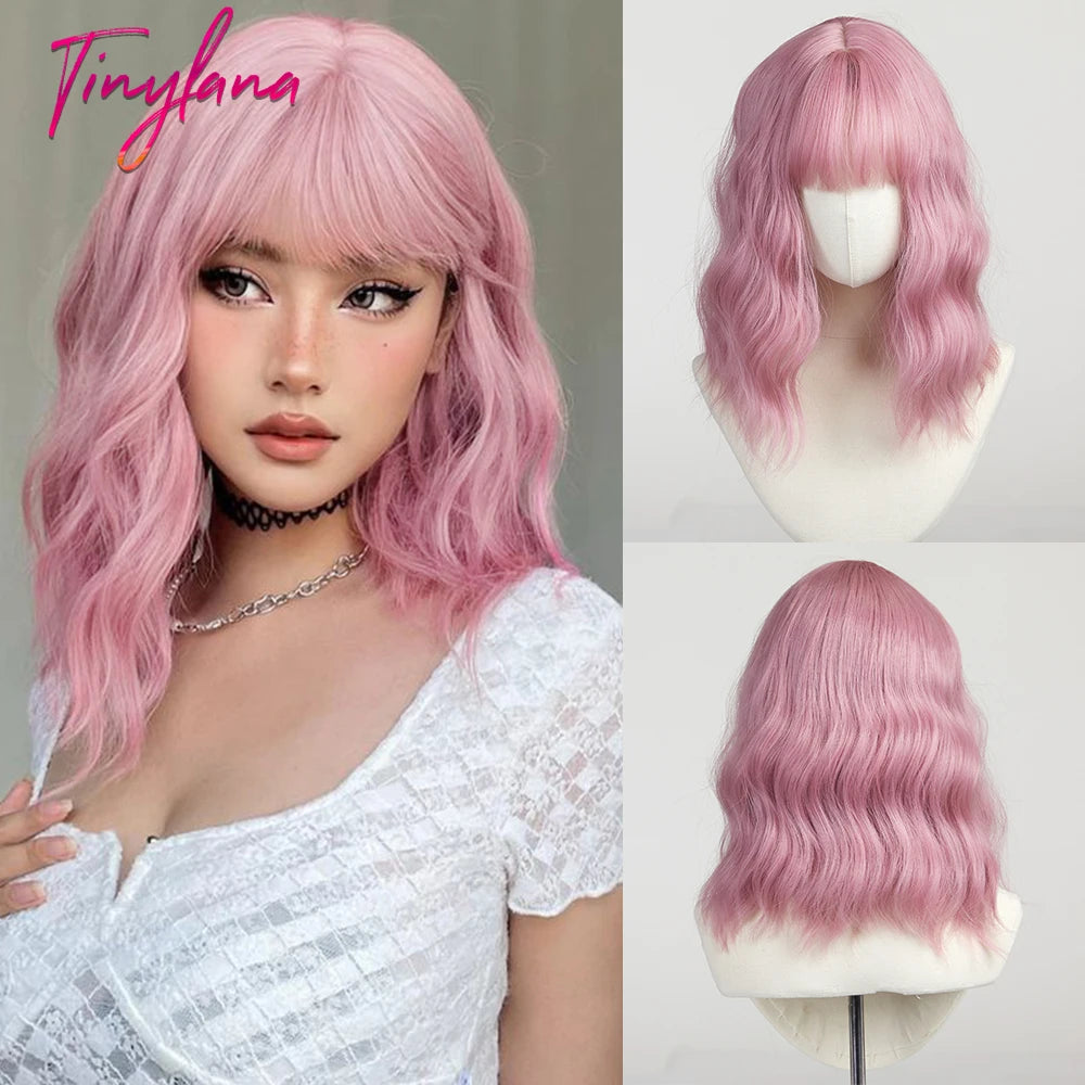 Curly Pink Purple Mixed Blue Wavy Synthetic Wigs with Bangs Short Bob Colorful Cosplay Wig