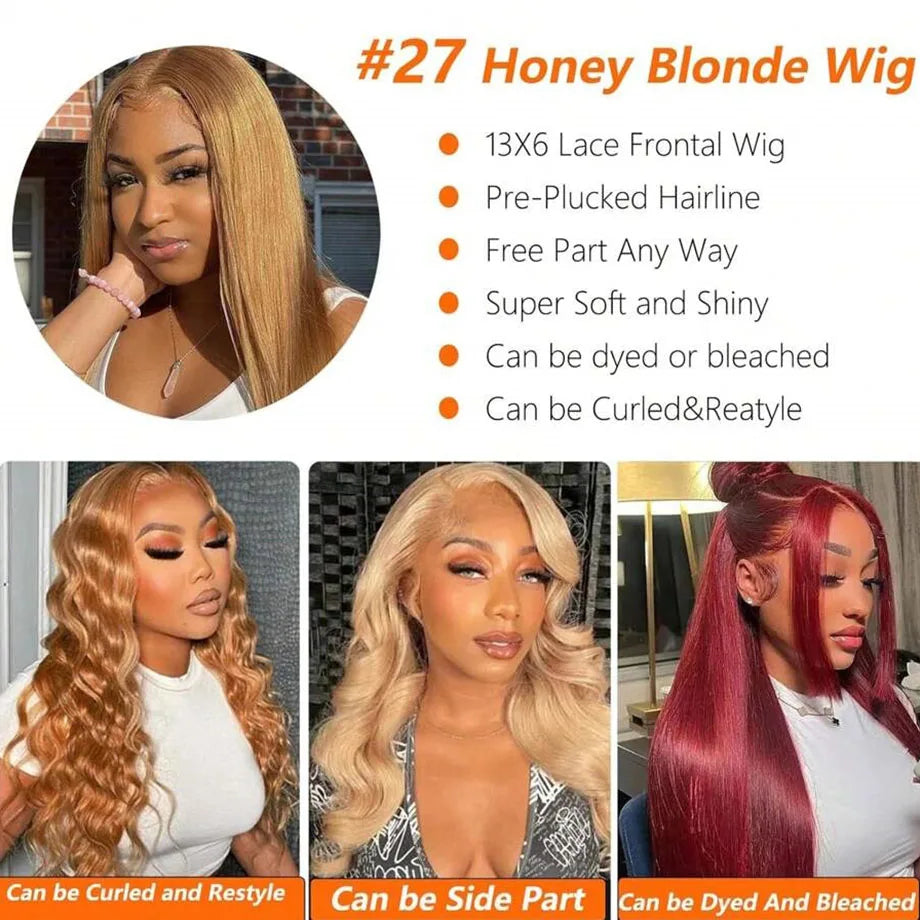 Honey Blonde Wig Human Hair 13x6 #27 Straight Lace Front Human Hair Wigs Brazilian Colored 13x4 Hd Transparent Lace Frontal Wig