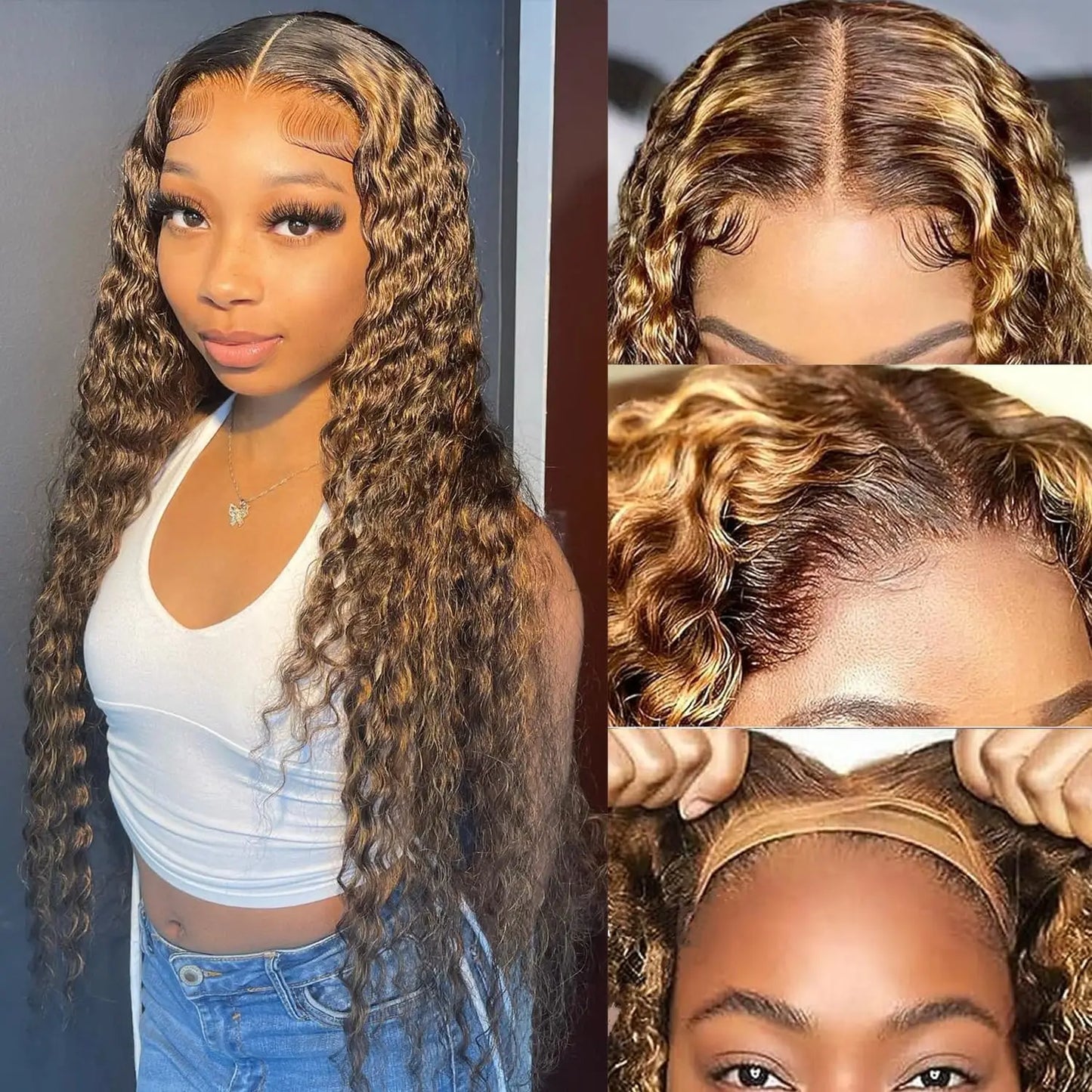 30 Inch Wear and Go Deep Wave Honey Blonde Glueless Wigs 100% Human Hair Highlight Curly Wigs for Women Ombre HD Lace Front Wig