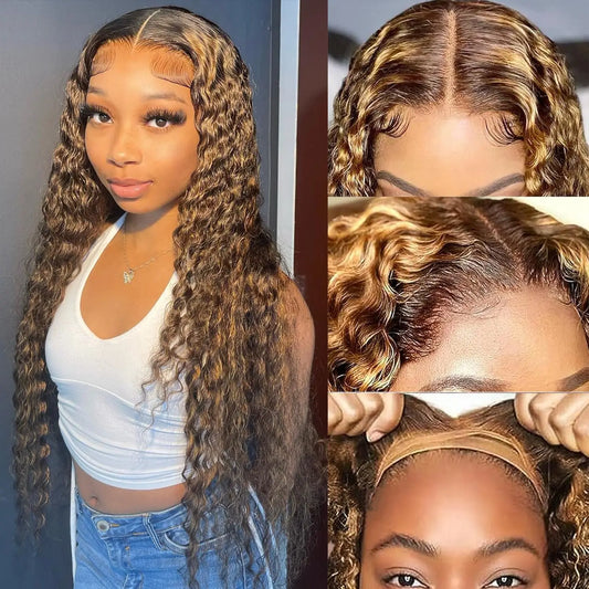 30 Inch Wear and Go Deep Wave Honey Blonde Glueless Wigs 100% Human Hair Highlight Curly Wigs for Women Ombre HD Lace Front Wig