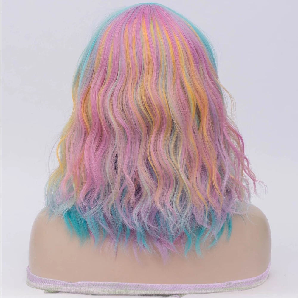 MSIWIGS Synthetic Hair Short Curly Mixed Rainbow Color Fake Hair Purple Blue With Blonde Red Highlight Bob Wig