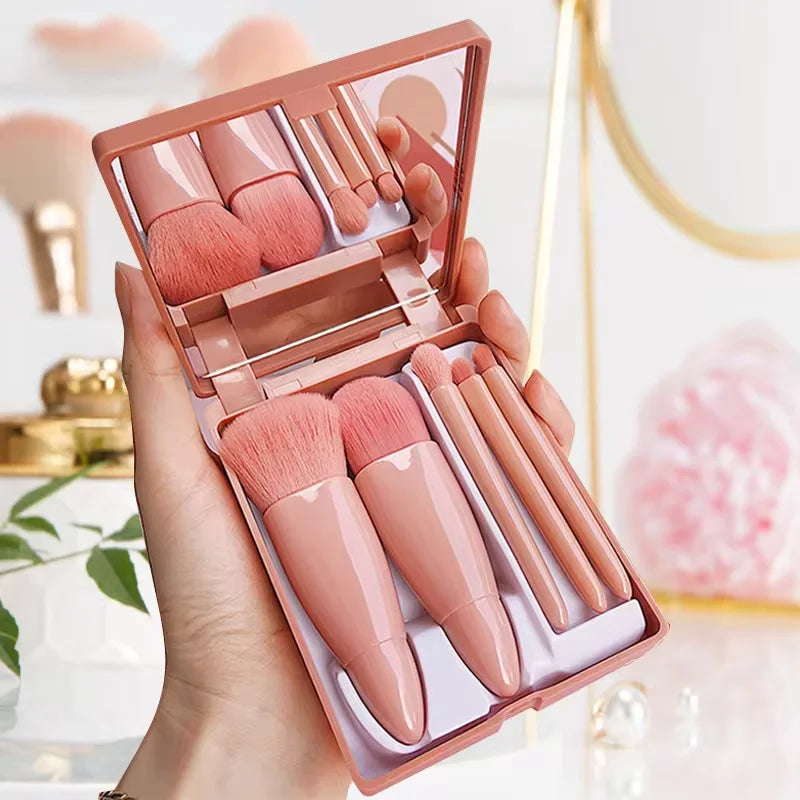 5 PCs Cosmetic Brush Portable Makeup Brush Travel With Mirror Box Makeup Set Brush Loose Brush