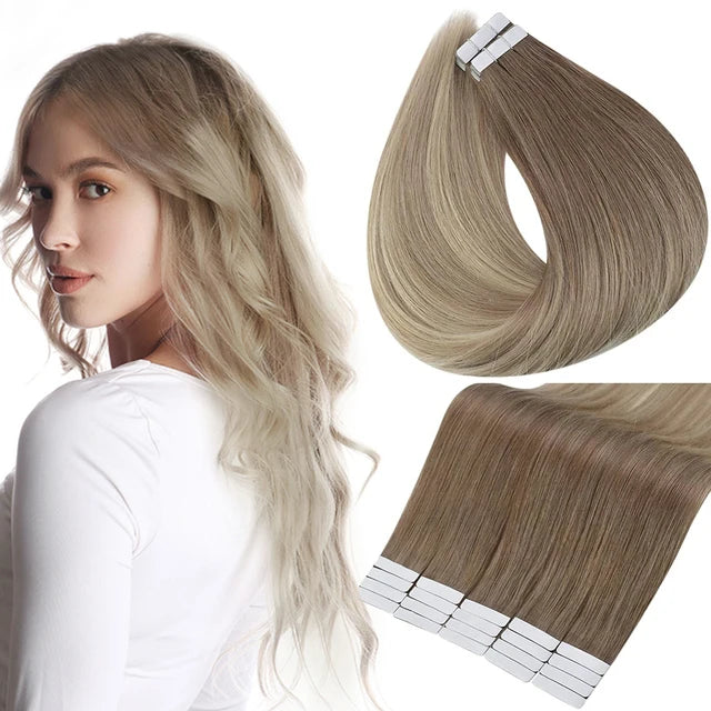 Full Shine Tape in Human Hair Extensions 100% Remy Natural Human Hair Extensions Tape in Omber Blonde Hair Extensions for Women