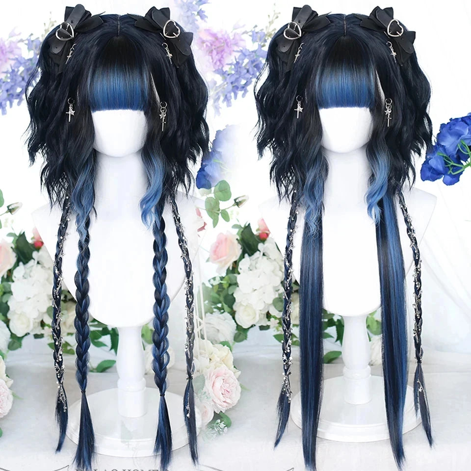 Long Curly Wave Wig with Bangs Blonde Biue Colorful Cosplay Wig for Women