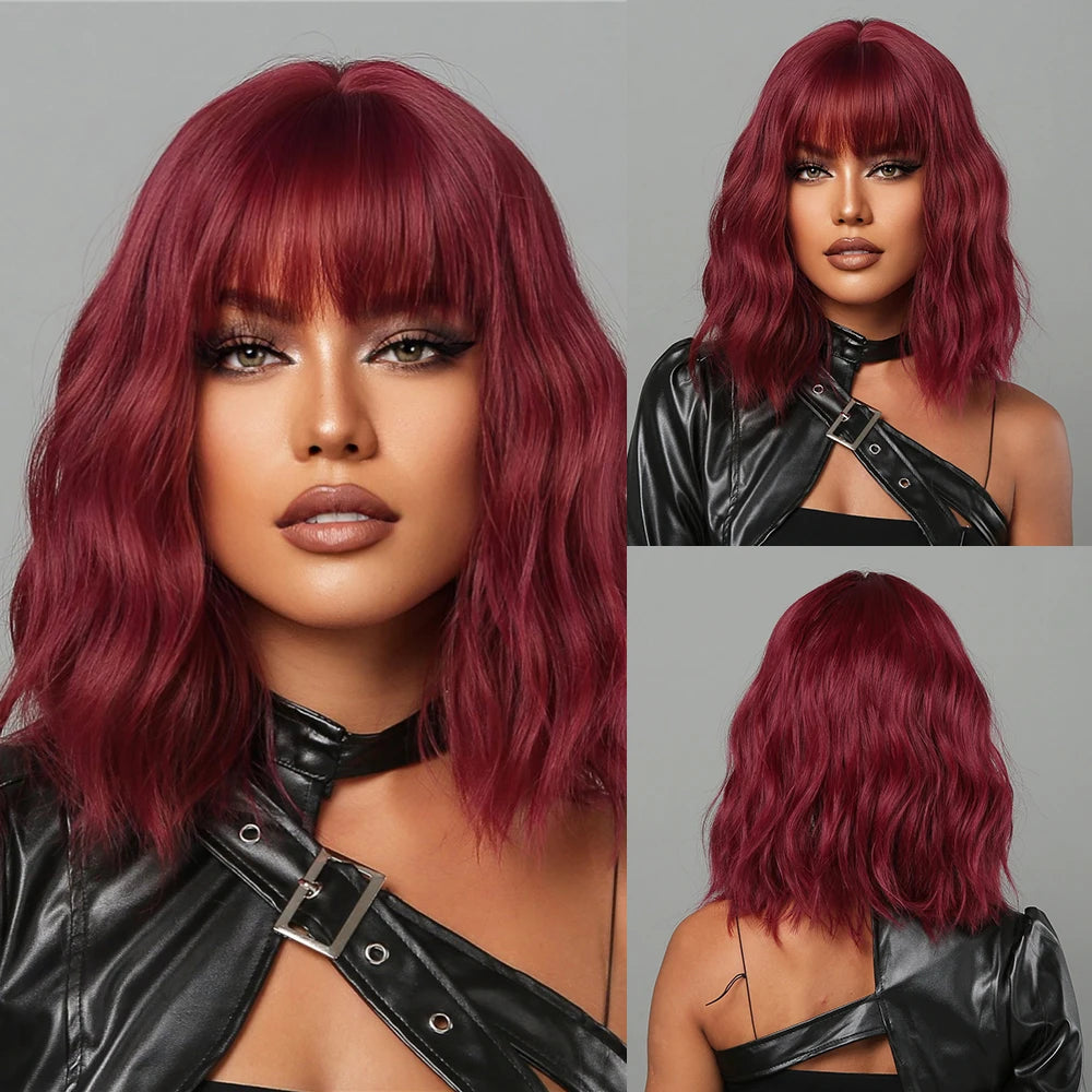 Short Curly Wavy Wigs with Bangs Deep Red Colorful Synthetic Wig Cosplay Hair for Women