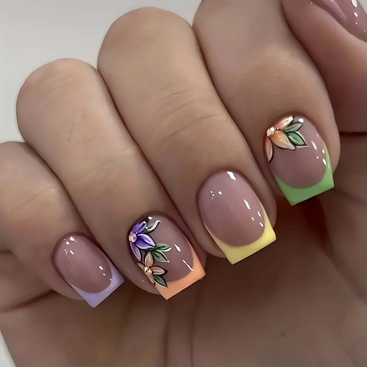24Pcs Short Almond Press-On Nails Pink Floral French Tip Glossy&Elegant Full Cover Fake Nails