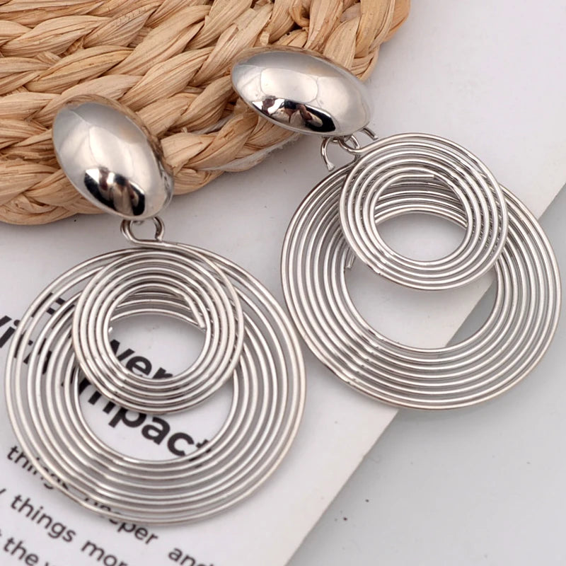 Trendy Big Round Statement Earrings for Women Golden Silver Color Metal Geometry Dangle Drop Earrings