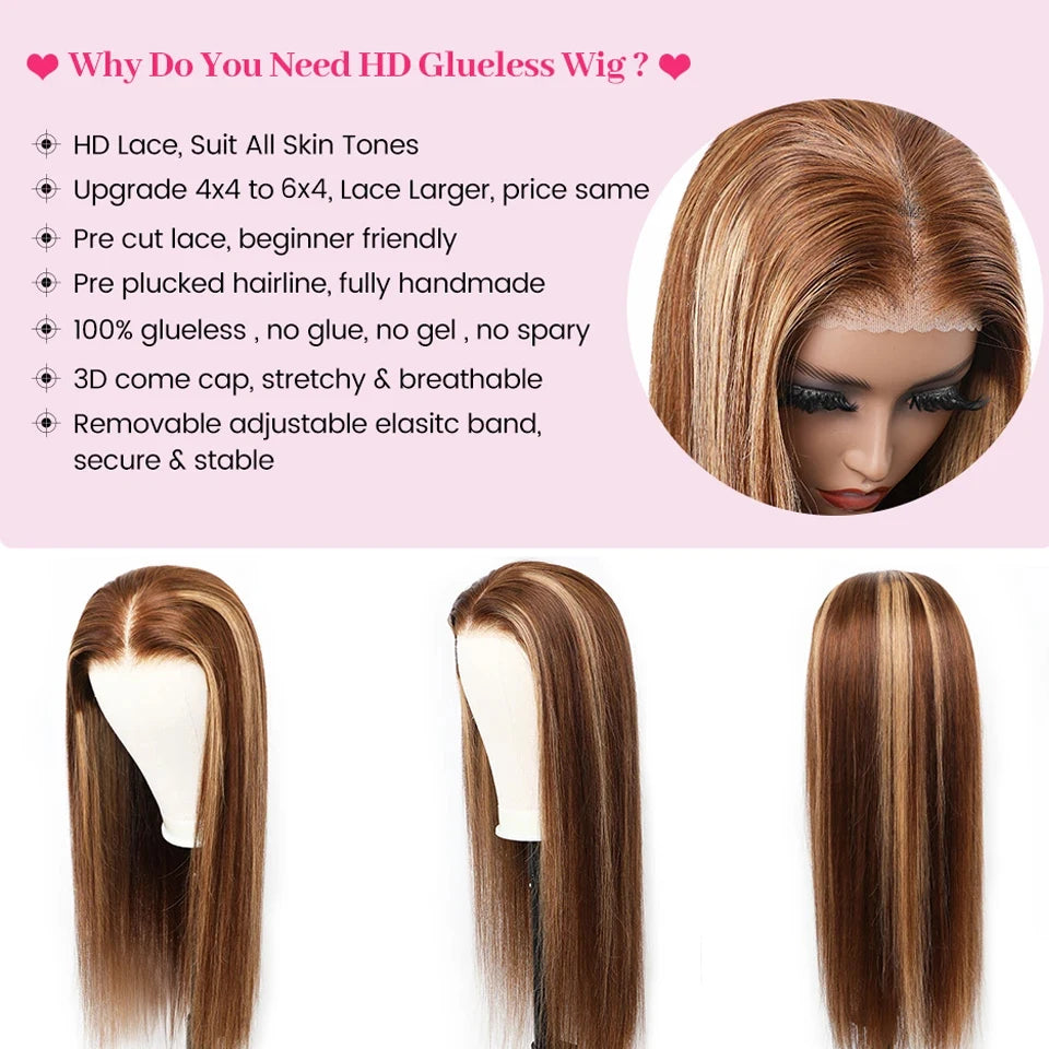 Wear And Go Glueless Human Hair ISEE Brazilian Straight Highlight Wig 6x4
